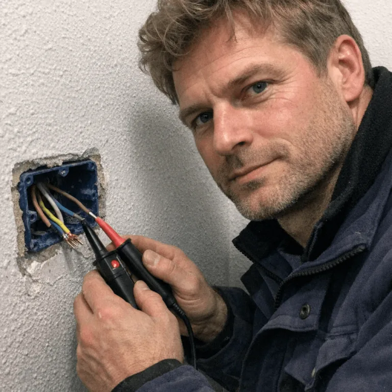Erfahrener Elektrotechniker prüft Spannungsfreiheit an einer Abzweigdose